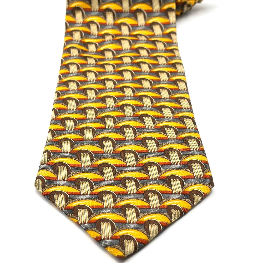 Ermenegildo Zegna Silk Tie Mens Yellow Brown Geometric Abstract Made in Italy - Picture 3 of 8